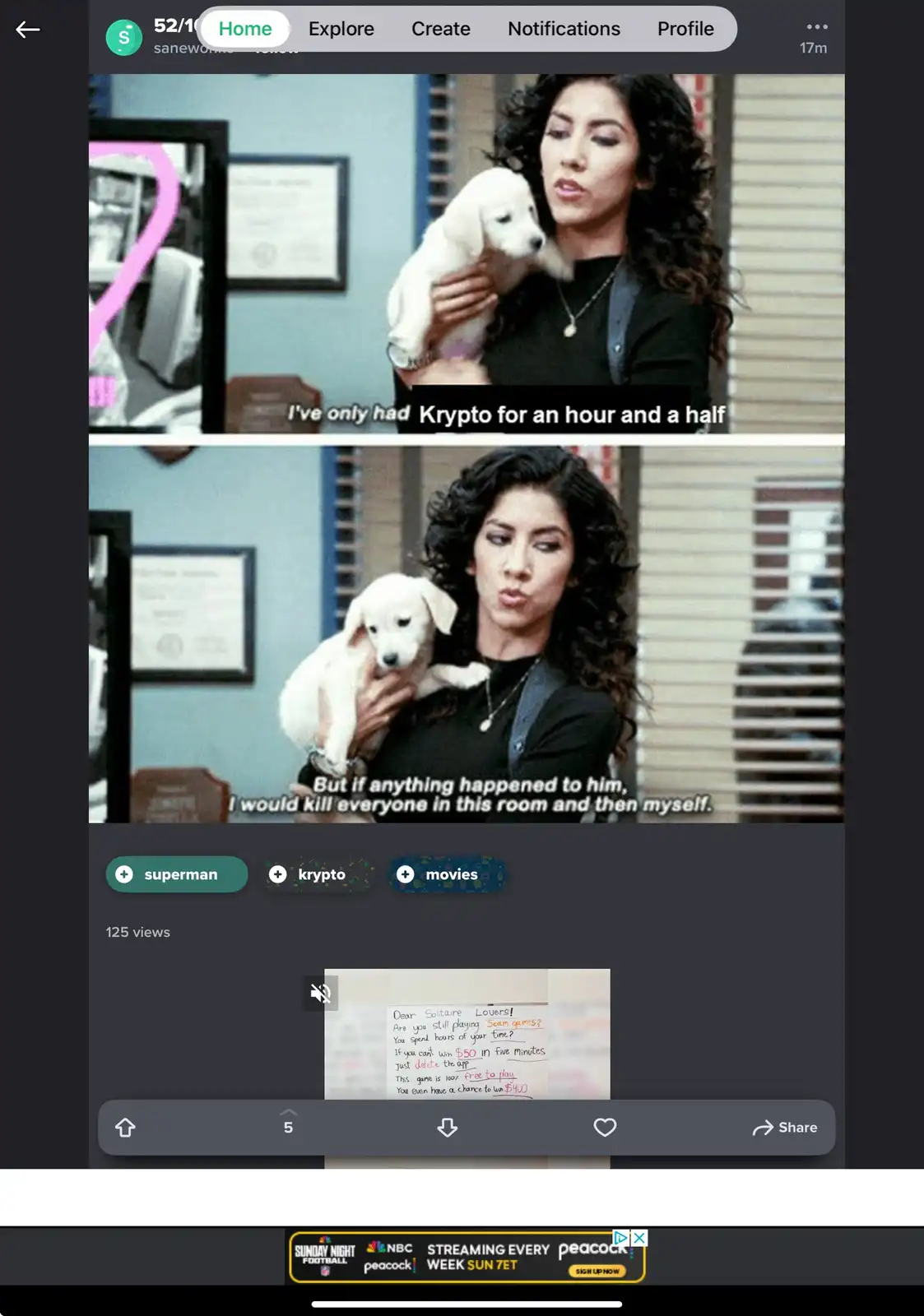 A two-panel meme featuring a woman holding a white puppy. In the top panel, she says, 'I've only had Krypto for an hour and…
