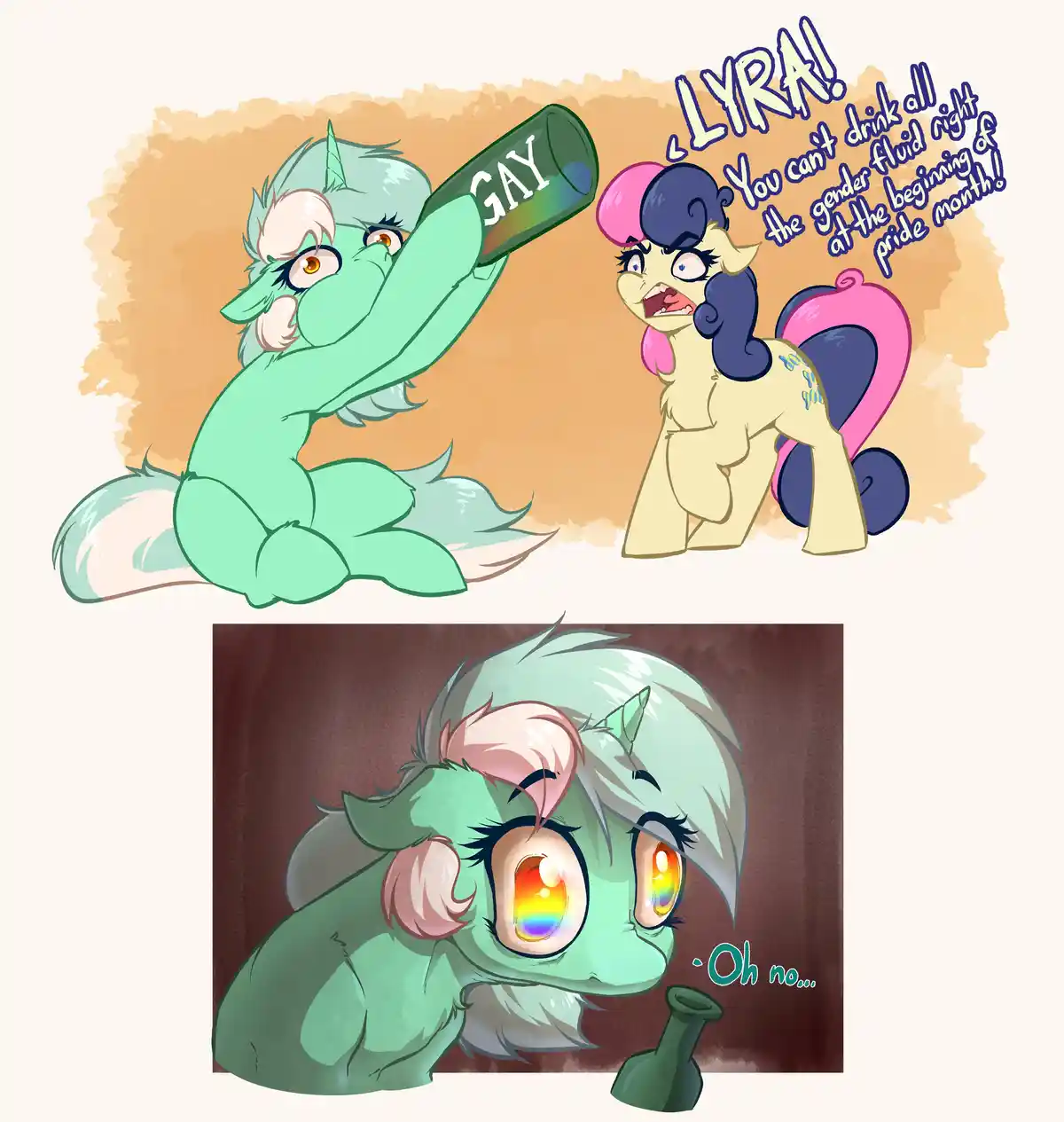 A two-panel fanart featuring a green pony drinking from a bottle labeled 'GAY' while a yellow pony with pink and blue hair…