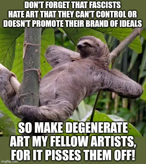 A sloth is hanging lazily from a tree branch in a jungle setting, looking relaxed and unbothered. The image has white bold…