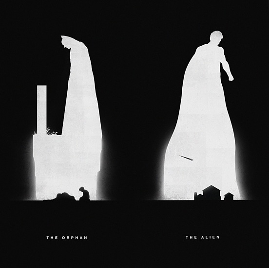 A black-and-white image shows two towering, glowing white silhouettes against a dark background. The left figure is labeled…