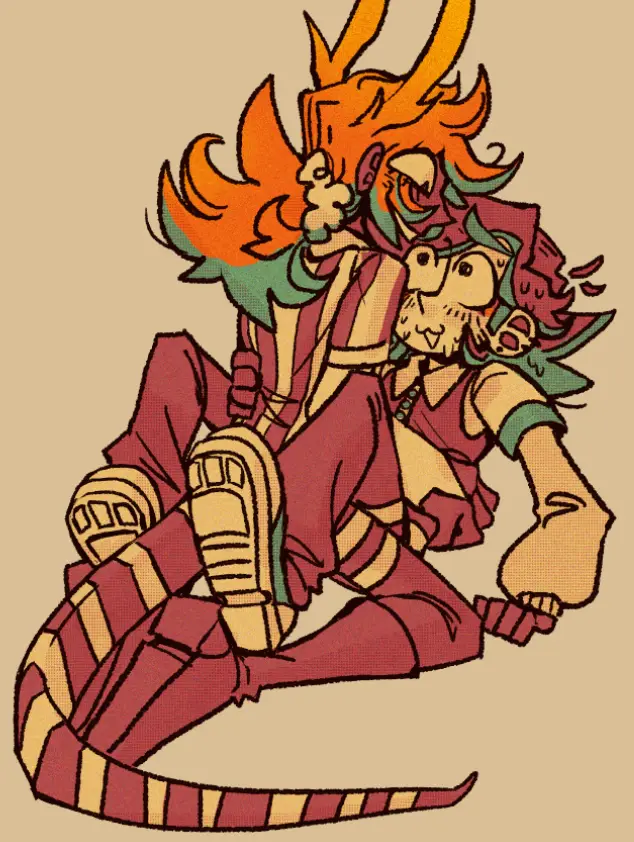 An anime-style illustration shows a dragon-like character with orange and green hair, wearing red and gold robes, sitting…