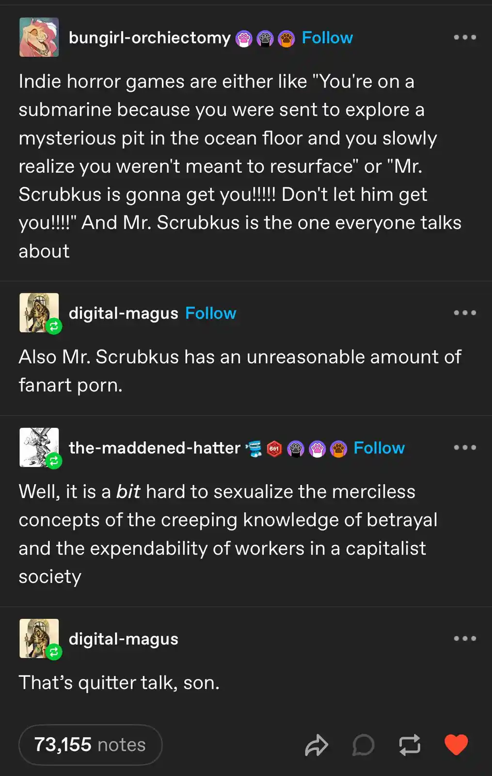 A screenshot of a Tumblr thread shows four users discussing the character Mr. Scrubkus from indie horror games. The first…