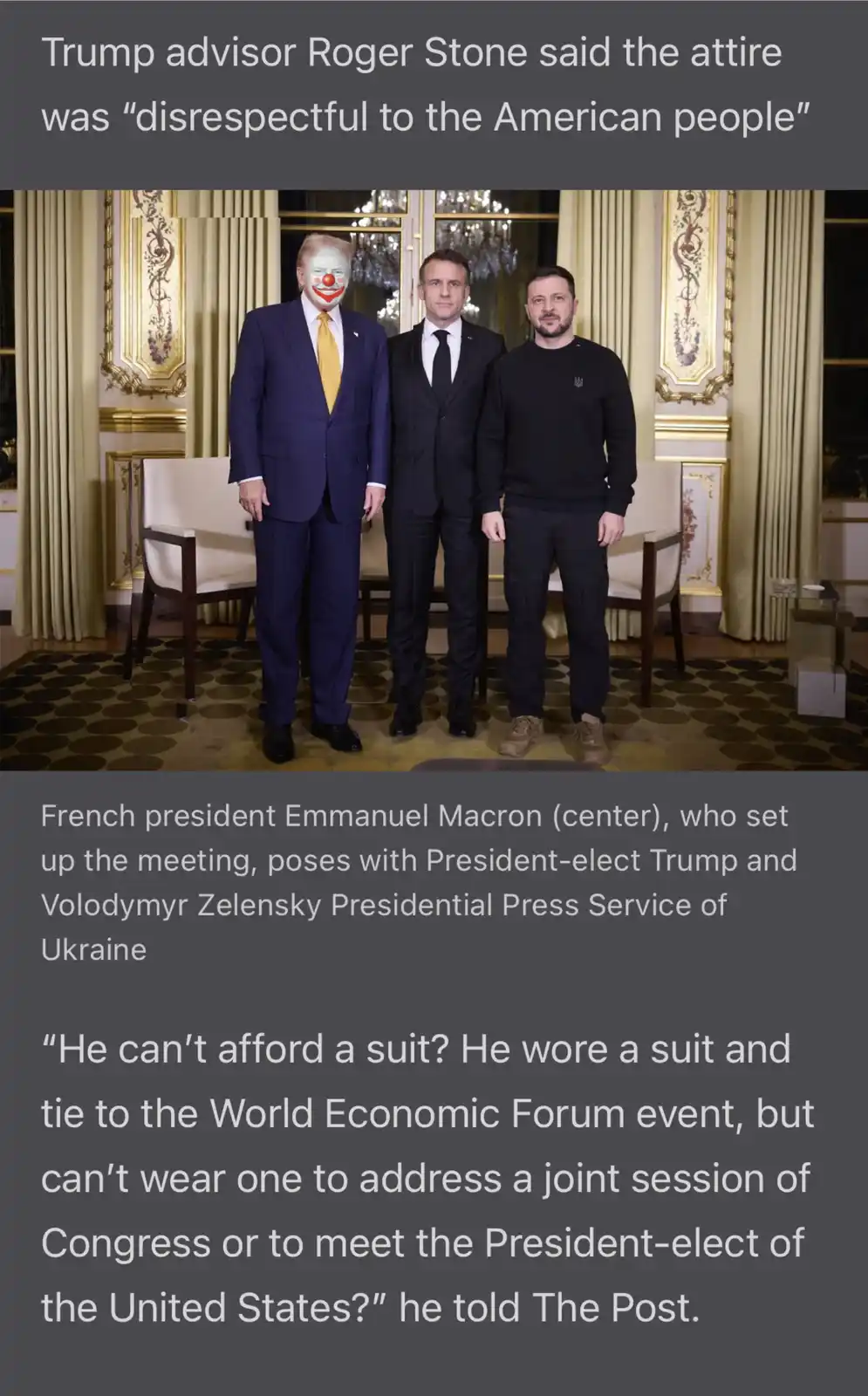 Three men stand together in a formal room; the man on the left wears a blue suit and a clown face, the center man wears a…