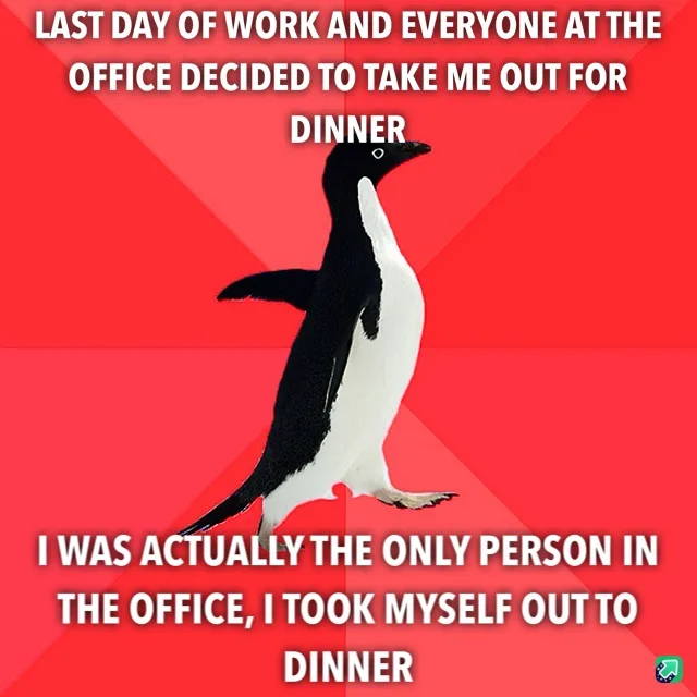 A black-and-white penguin stands against a red background with diagonal lines. White text at the top reads 'LAST DAY OF WORK…