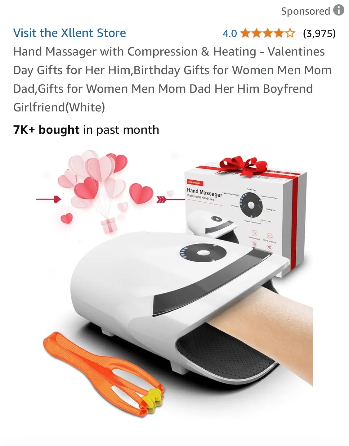 An online product listing for a white hand massager with a person's hand inserted into it, next to its box and an orange…