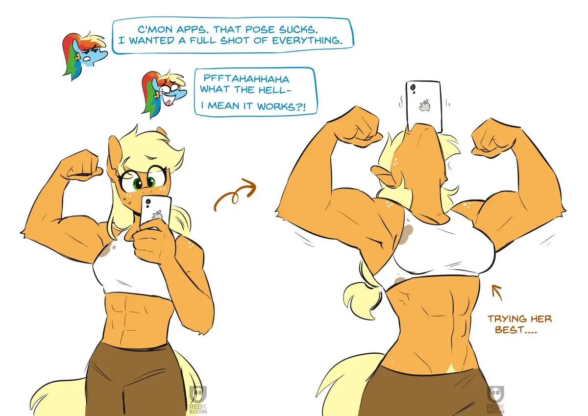 A muscular, anthropomorphic pony with blonde hair and a white crop top takes a selfie, initially looking frustrated as her…