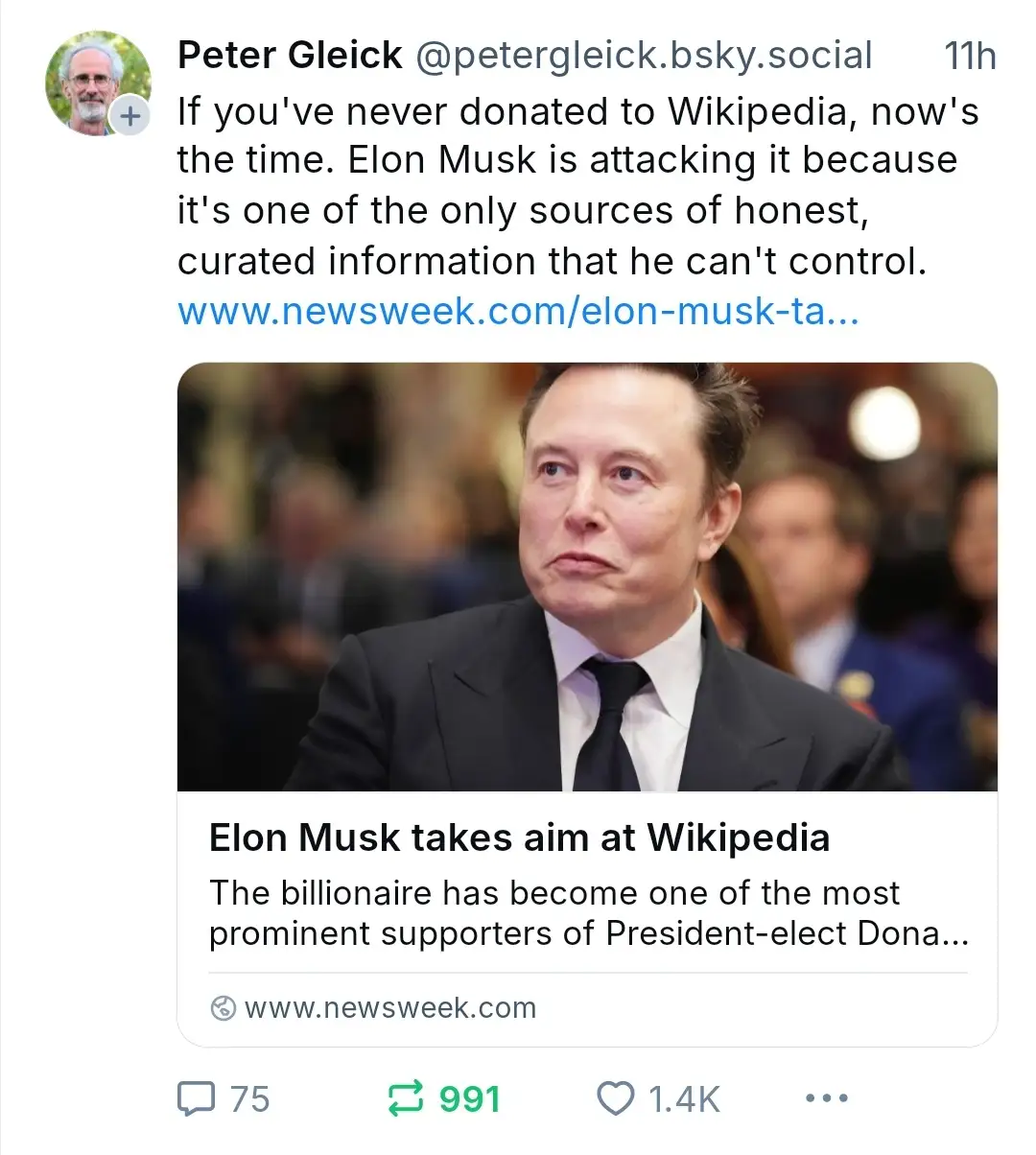 A screenshot of a social media post by Peter Gleick showing a photo of Elon Musk looking concerned. The post includes text…
