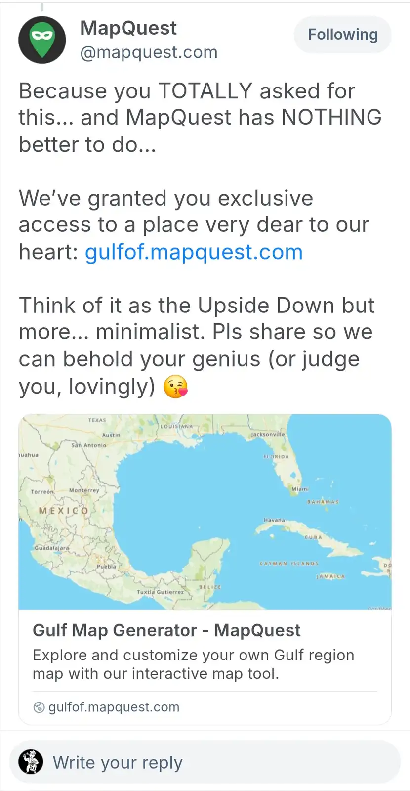 A screenshot of a MapQuest Twitter post announcing a 'Gulf Map Generator' tool, featuring a map that visually inverts the…