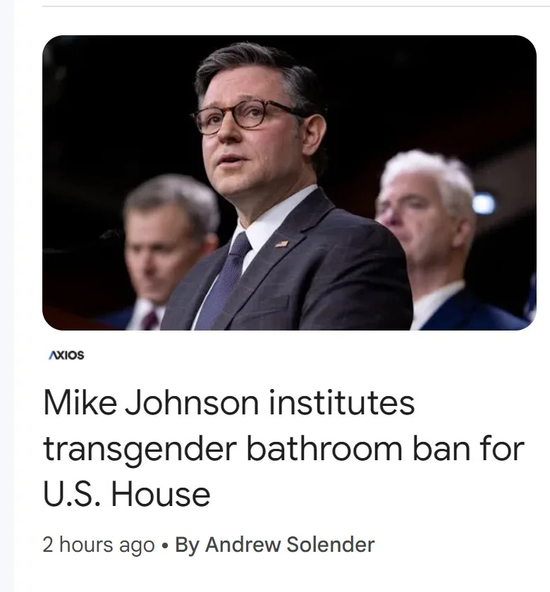 A screenshot of a news article from Axios shows a photo of Mike Johnson, a man in a suit and glasses, speaking at a podium…