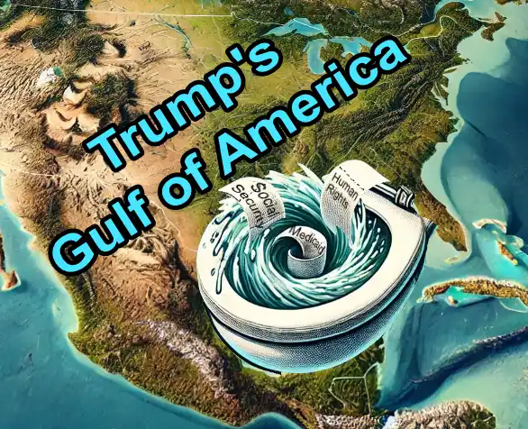 A digitally altered map of North America shows a toilet bowl swirling in the Gulf of Mexico, with toilet paper rolls labeled…