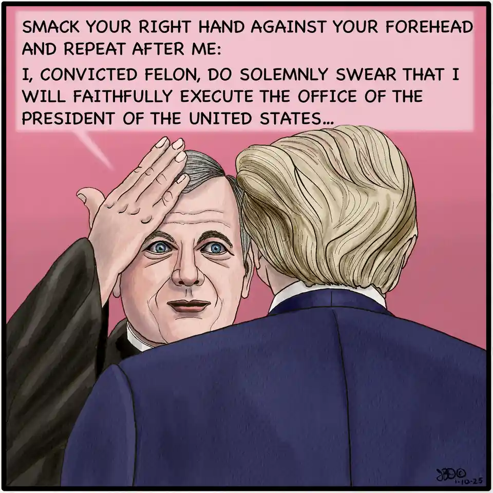 An illustrated image shows a man with gray hair and blue eyes, facing forward with his right hand placed on his forehead in…