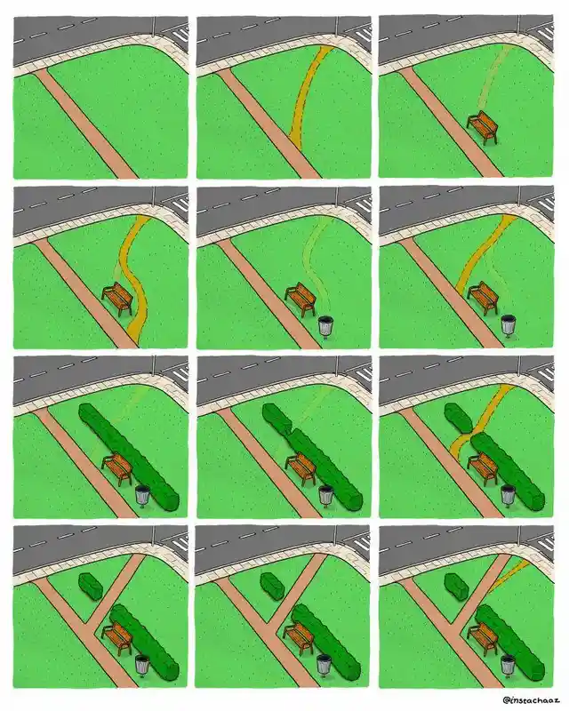 A nine-panel comic strip shows a park bench gradually being encircled by hedges as a yellow path disappears, leaving the…