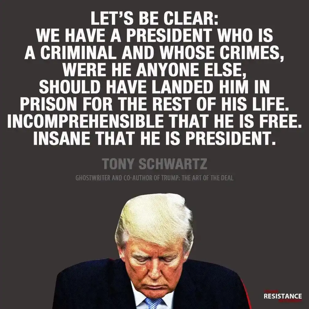 The image features a photo of Donald Trump looking down with a somber expression, overlaid with a block of white text…