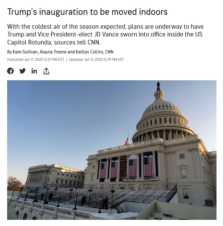 A screenshot of a CNN news article with a headline about Trump's inauguration being moved indoors due to cold weather…