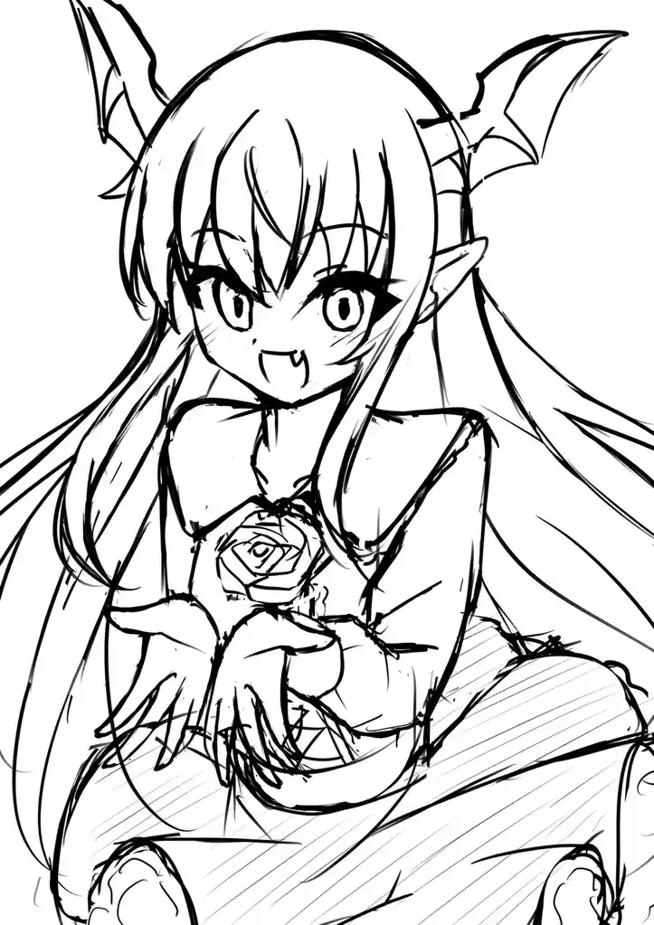 A black-and-white anime-style sketch shows a girl with long hair, pointed ears, small horns, and a devilish grin holding a…