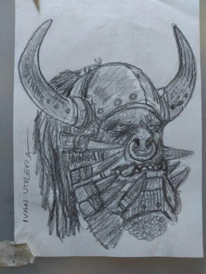 A hand-drawn pencil sketch on paper depicts a stylized Viking warrior's head wearing a horned helmet and a detailed, layered…