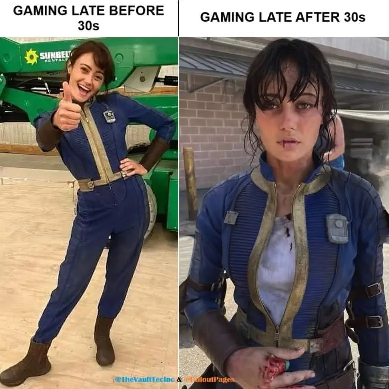 A split image shows the same woman, dressed as a Fallout character, on the left looking energetic and giving a thumbs-up…