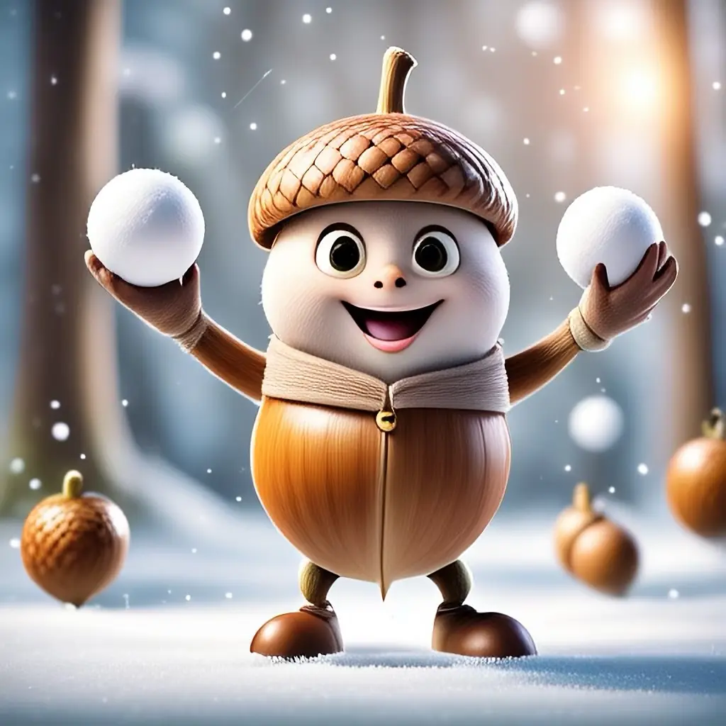 A cheerful, cartoonish acorn character wearing a scarf and holding two snowballs, standing in a snowy forest with other…