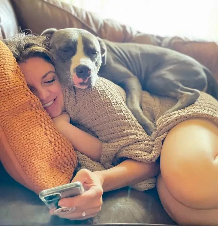 A woman is lying on a couch, smiling while looking at her phone, with a grey pit bull dog resting its head on her shoulder…