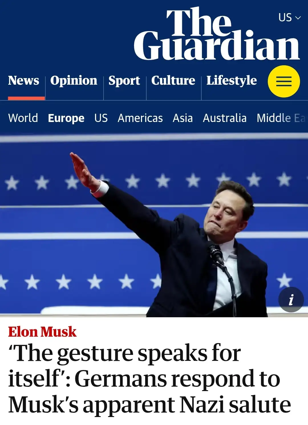 The image shows a screenshot of The Guardian's news website with a headline about Elon Musk. The headline reads 'Elon Musk…