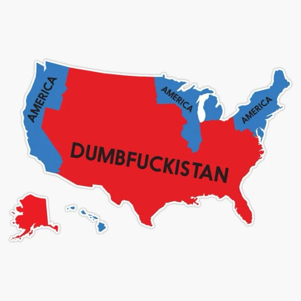A stylized map of the United States is split into red and blue regions. The large central red area is labeled 'DUMB…