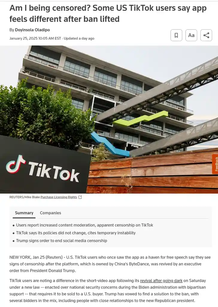 An image of a news article about TikTok users reporting censorship after the app's ban was lifted, featuring a photo of the…