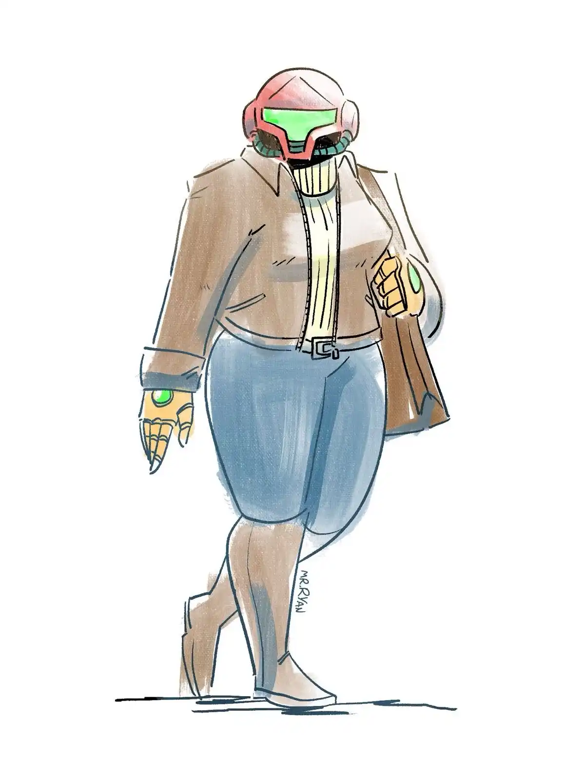 A hand-drawn illustration of a person wearing a red and green helmet with a visor, a beige jacket, and blue pants, with…