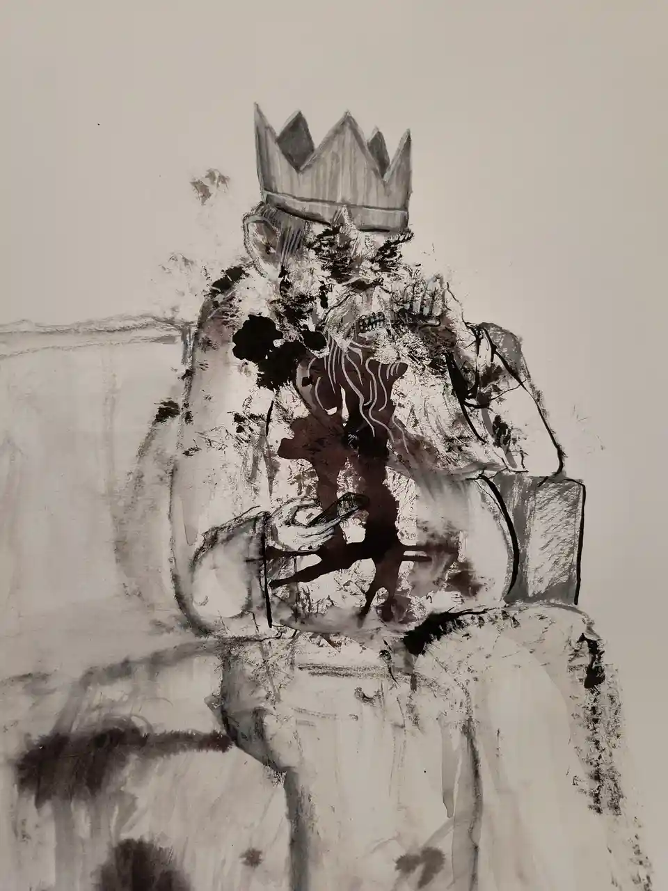 A monochrome sketch depicts a stylized, abstract figure wearing a crown and sitting on a couch, holding a phone. The…