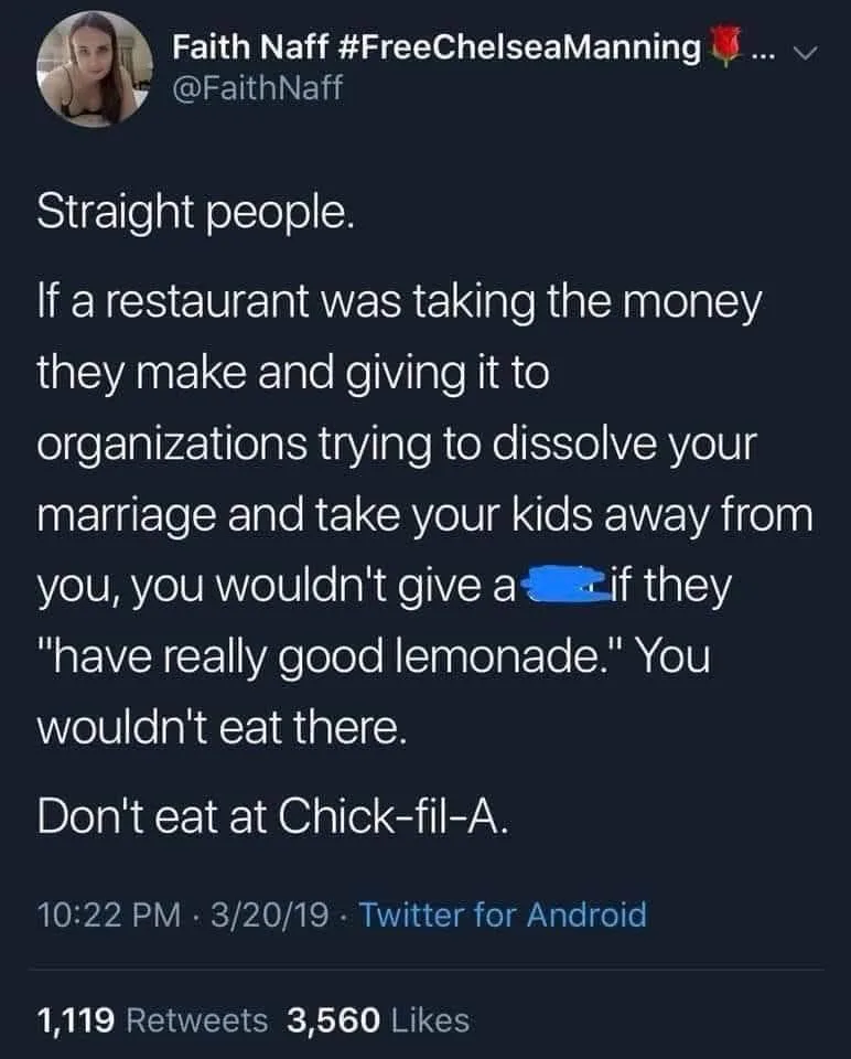 A screenshot of a 2019 Twitter post by Faith Naff, who uses the hashtag #FreeChelseaManning. The tweet argues that straight…