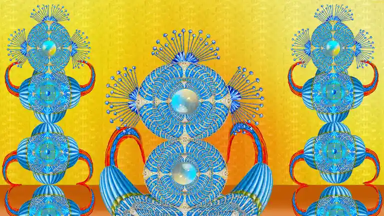 The image displays a symmetrical, psychedelic digital artwork featuring three identical, ornate blue and gold mandala-like…