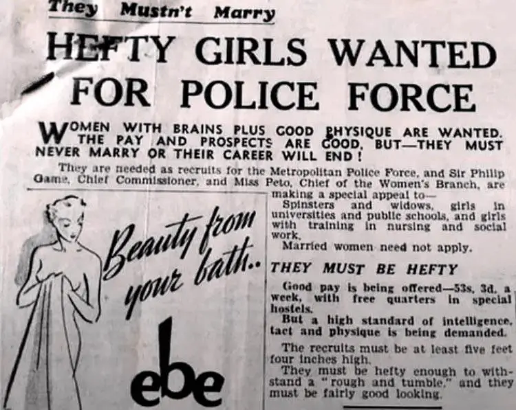 A vintage newspaper clipping from the Metropolitan Police Force advertising for 'hefty girls' to join their force, with a…