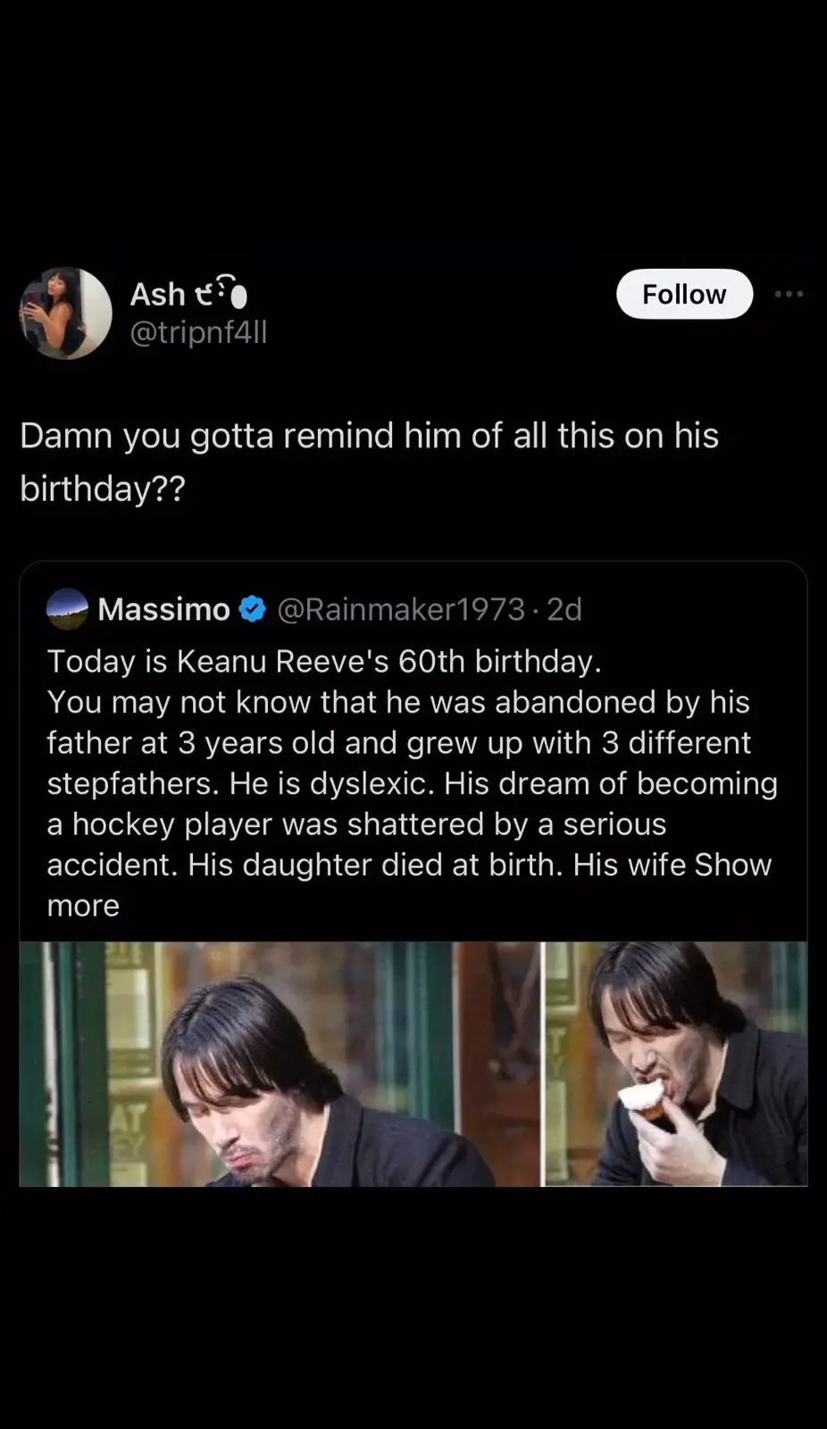 A screenshot of a Twitter thread where one user comments on another's post about Keanu Reeves' 60th birthday, which lists…