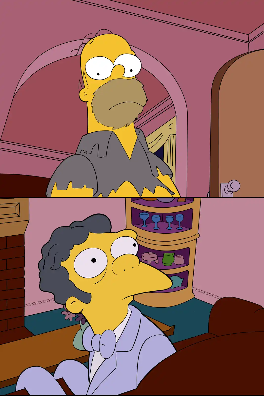 The image is split into two panels. The top panel shows Homer Simpson with a full beard and a torn grey shirt, looking…