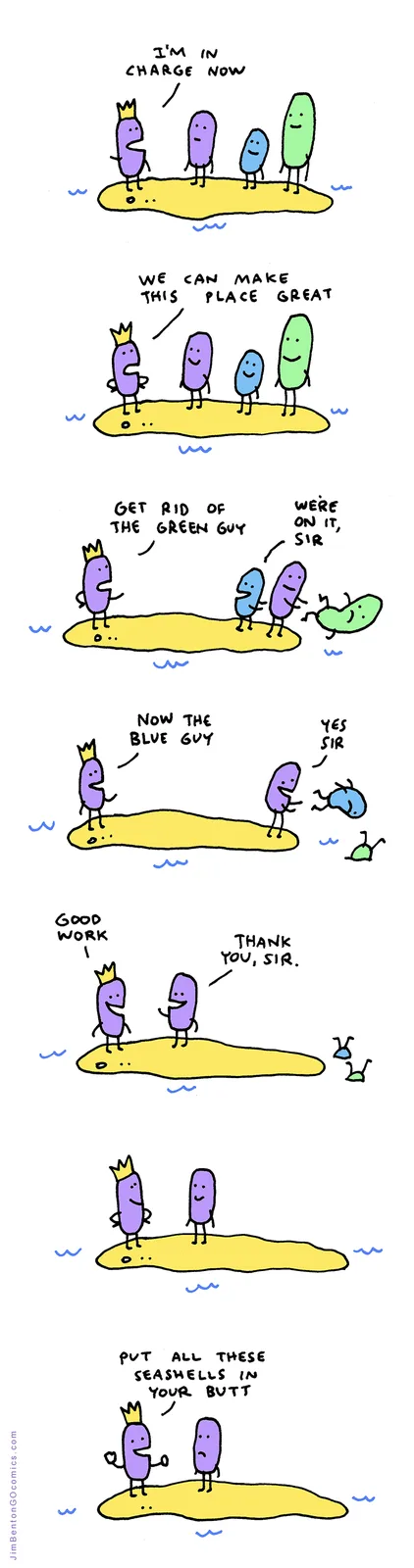 A comic strip shows a purple character wearing a crown declaring they're in charge and want to make the island great by…