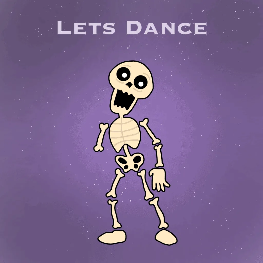 The image displays six panels arranged in a 2x3 grid, each featuring a cartoon skeleton dancing against a purple starry…