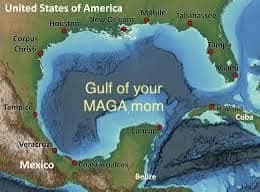 A map of the Gulf of Mexico with the text 'Gulf of your MAGA mom' overlaid in large white letters. The map shows surrounding…