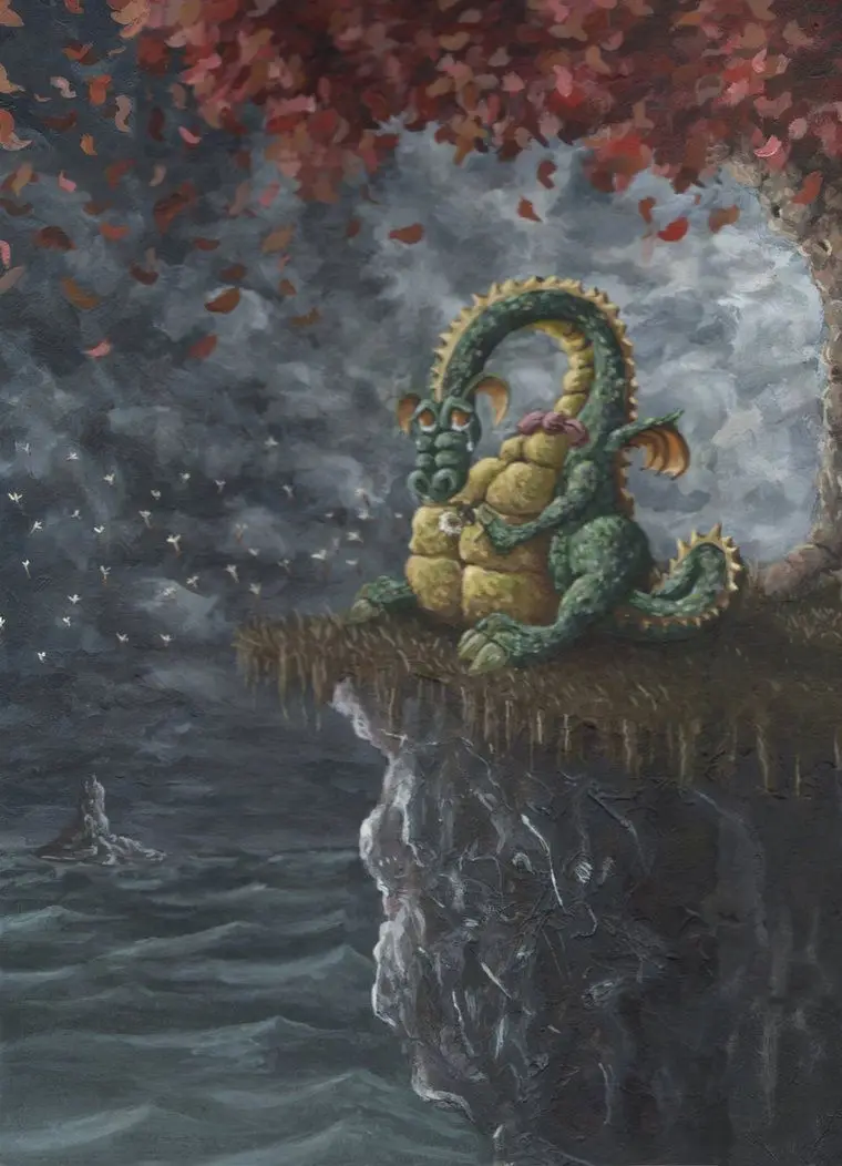 A whimsical, green and yellow dragon with a spiky mane and tail sits curled on a cliff edge overlooking dark water…