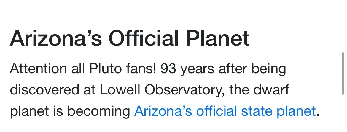 The image displays a screenshot of a news-style text block with the headline 'Arizona's Official Planet'. The body text…