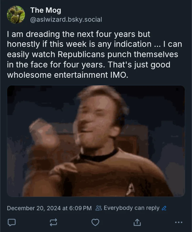 A screenshot of a social media post by 'The Mog' (@aslwizard.bsky.social) dated December 20, 2024, featuring a blurry image…