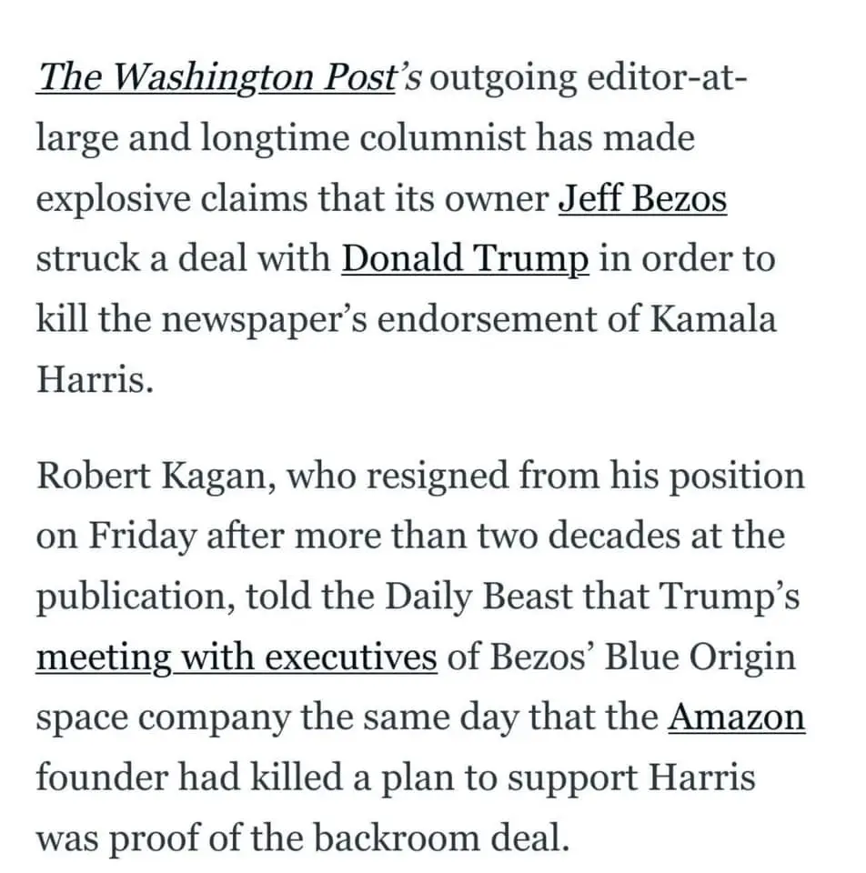 The image displays a screenshot of a news article text, detailing claims by Robert Kagan, a former Washington Post editor…