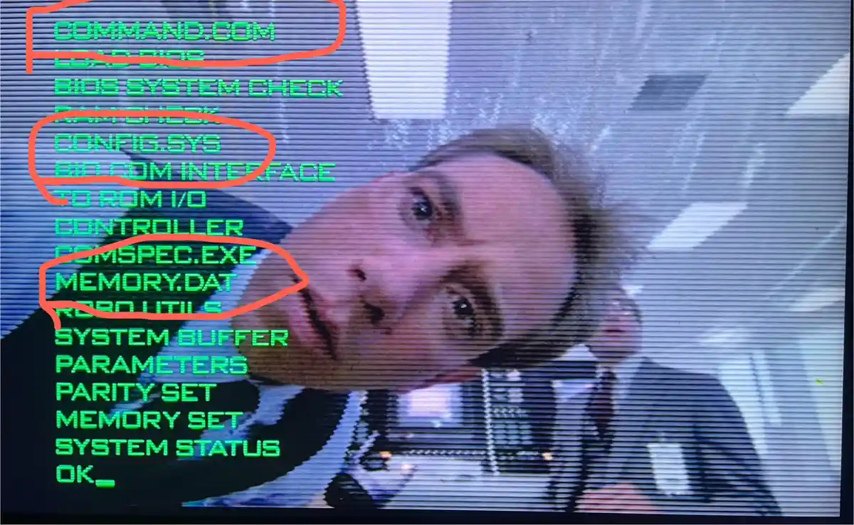 A screenshot of a computer screen displaying green text from a DOS-style command prompt, with several lines circled in red…