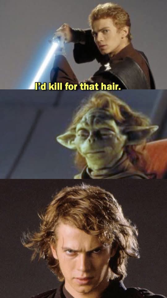 The meme features three stacked images from Star Wars: the top shows Anakin Skywalker holding a blue lightsaber with text…