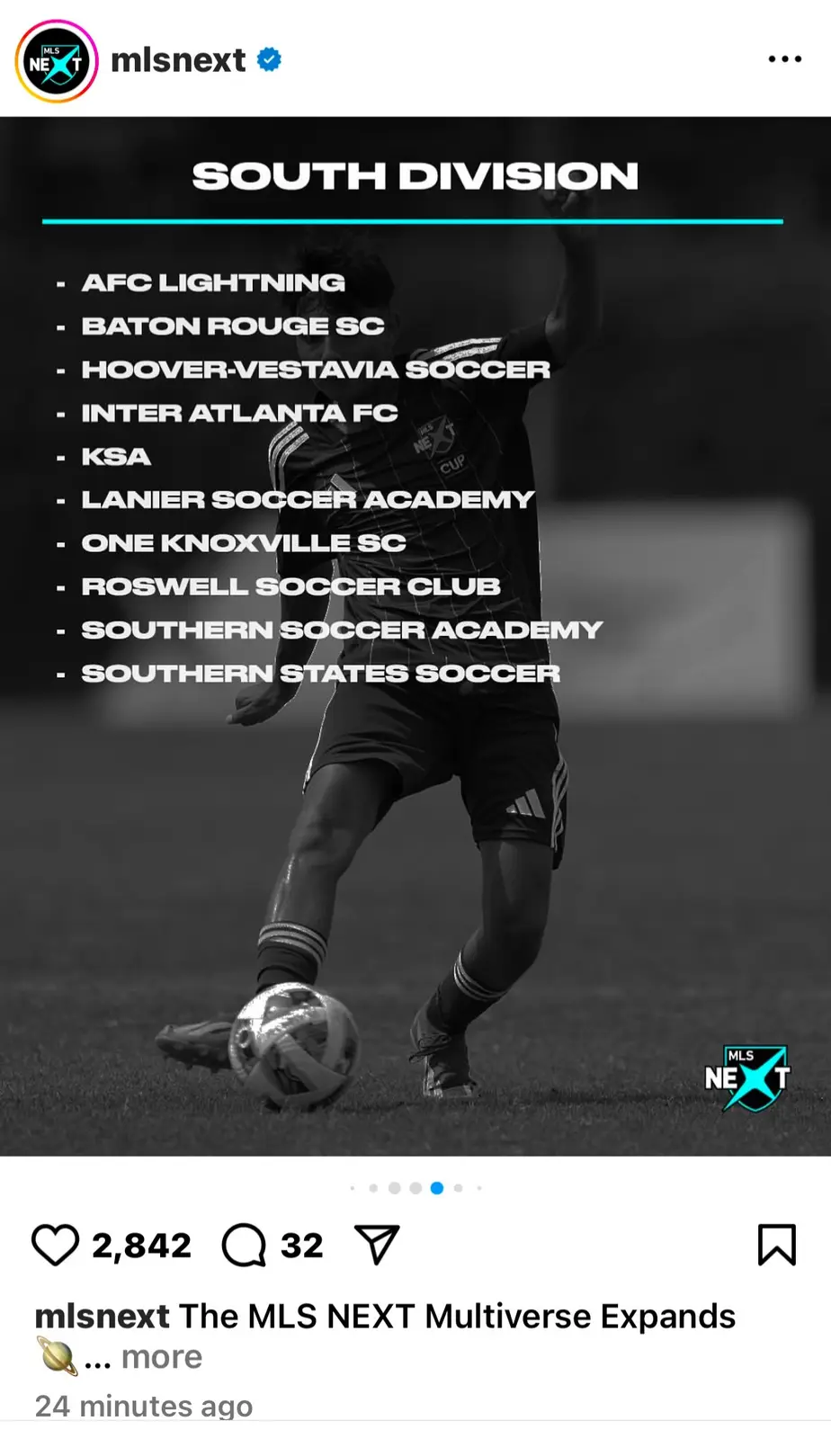 A black and white photo of a soccer player dribbling a ball on a field, with a list of ten teams under 'SOUTH DIVISION'…