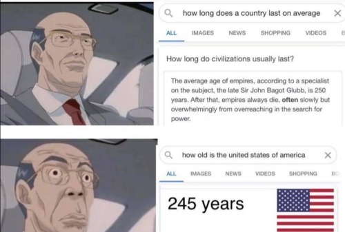 The image shows two panels of an anime character, first calm and then shocked, juxtaposed with Google search results. The…