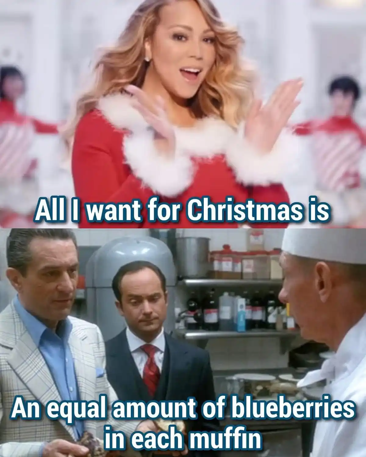 The top panel shows Mariah Carey in a red Santa-style outfit with white fur trim, singing with hands raised. The bottom…