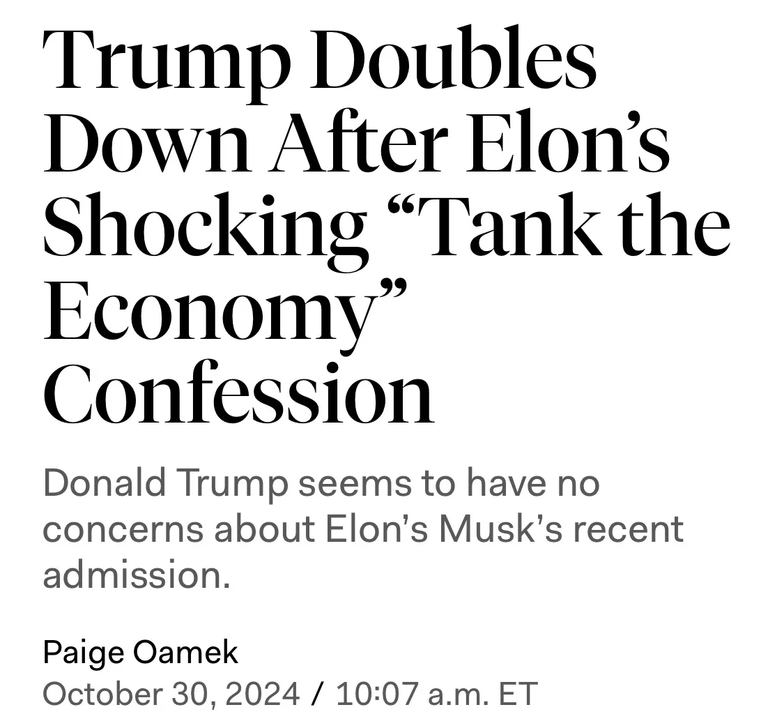 The image displays a mock news article headline in large black serif font reading 'Trump Doubles Down After Elon's Shocking…