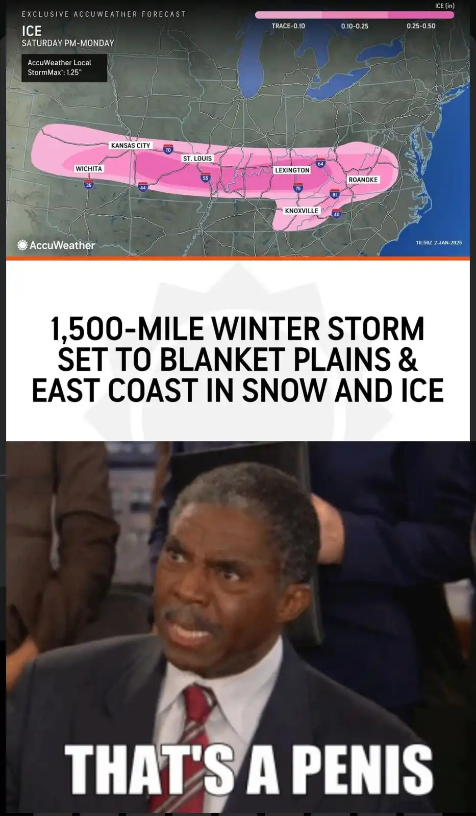 The image displays an AccuWeather ice forecast map of the U.S. showing a pink band of ice coverage across the central and…