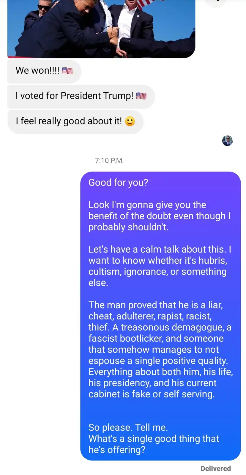 A screenshot of a text message conversation shows a person celebrating voting for President Trump with patriotic emojis…