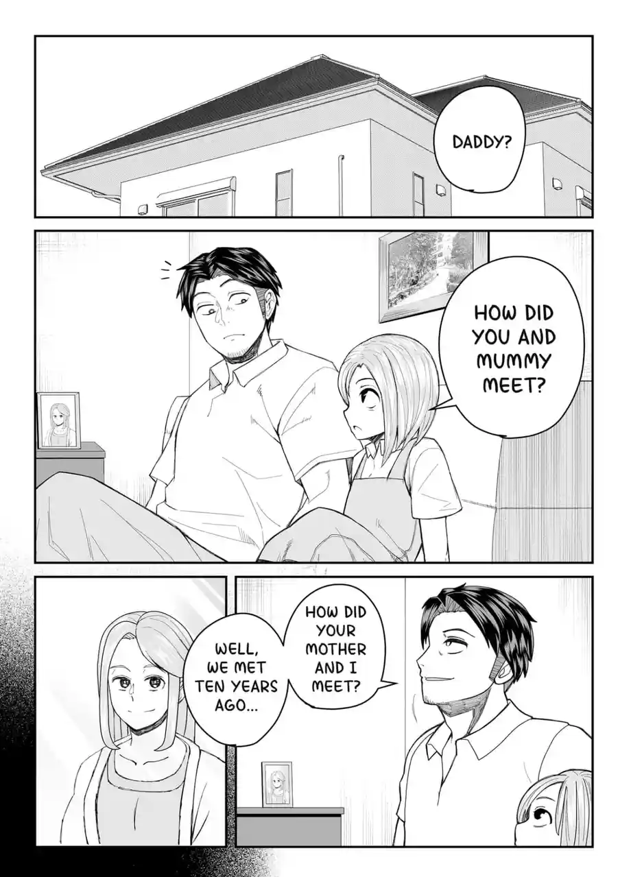 A three-panel manga strip shows a child asking her father how he and her mother met. The father, looking surprised, answers…