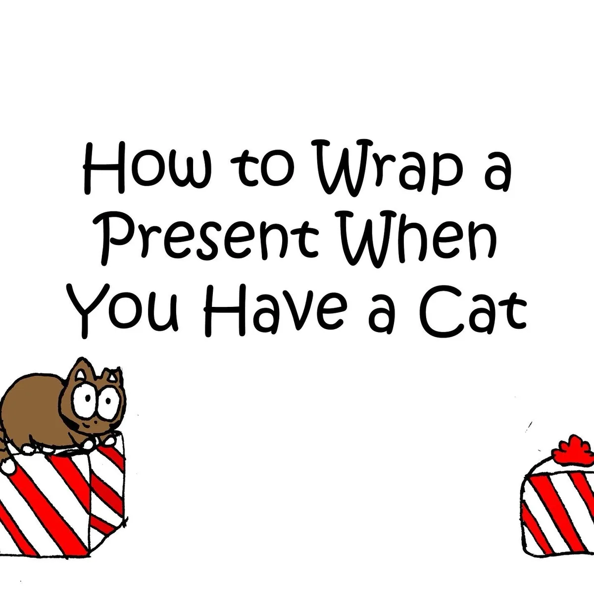 A simple cartoon drawing shows a brown cat with wide eyes sitting atop a red and white striped gift box, while another…